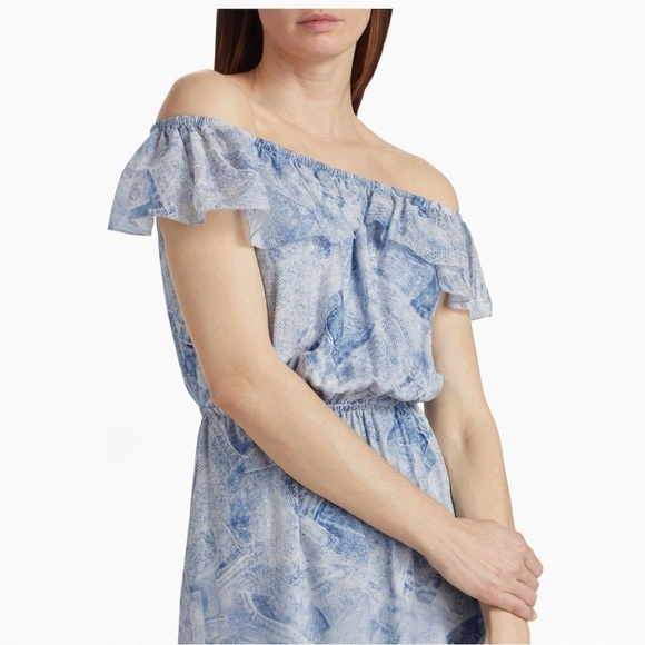 L'AGENCE Leonie Silk Off the Shoulder Denim Print Flounce Trim Mini Dress Small - Picture 4 of 13